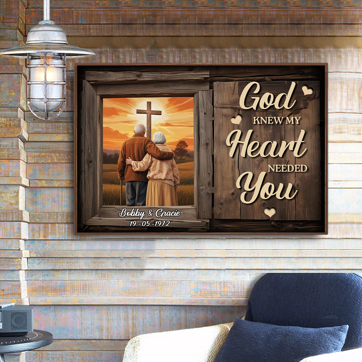 Cross God Knew My Heart Needed You Old Couple Walking Hugging Personalized Poster, Anniversary Valentine's Day Gift For Him, Her, Husband, Wife