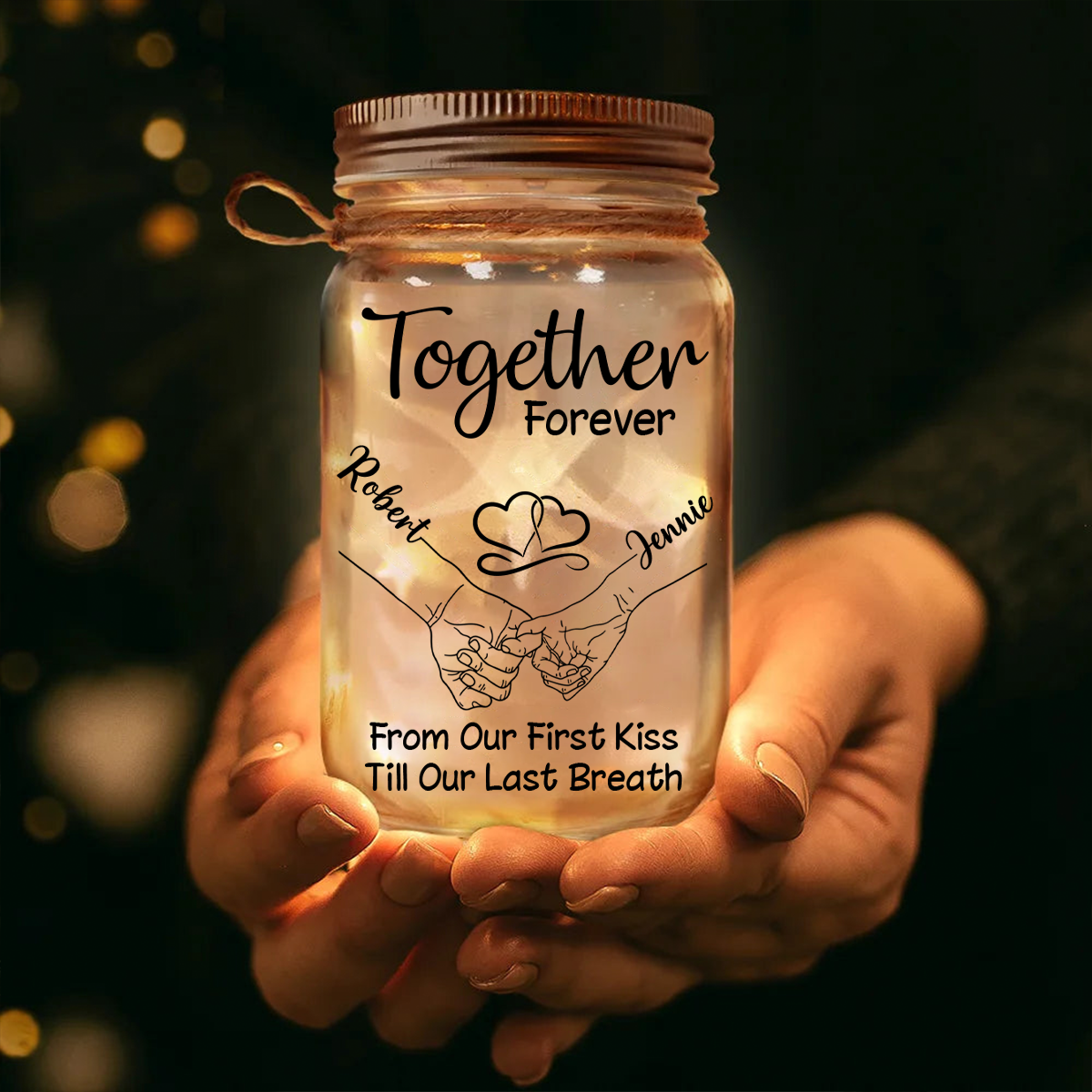 Couple Hold Hand From Our First Kiss - Personalized Mason Jar Light