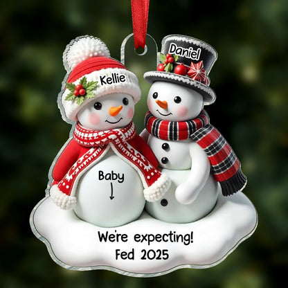 Snowman Couple Expecting Parents Pregnancy Announcement 3D Effect Keepsake Personalized Acrylic Ornament