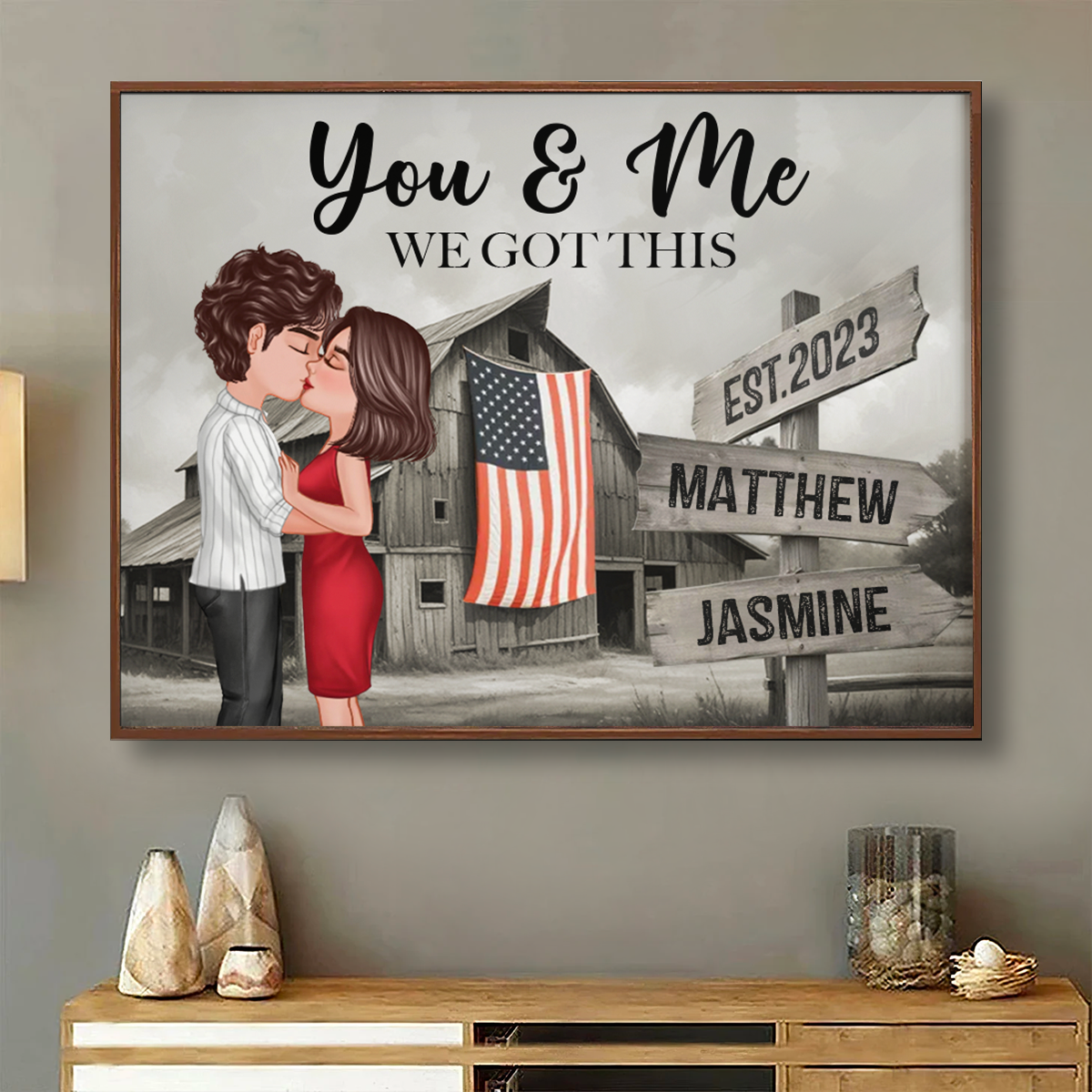 Retro Barn American Flag Thin Blue Line Hero Couple Personalized Poster, Anniversary Valentine's Day Gift For Him, Her, Husband, Wife, Proud Occupation