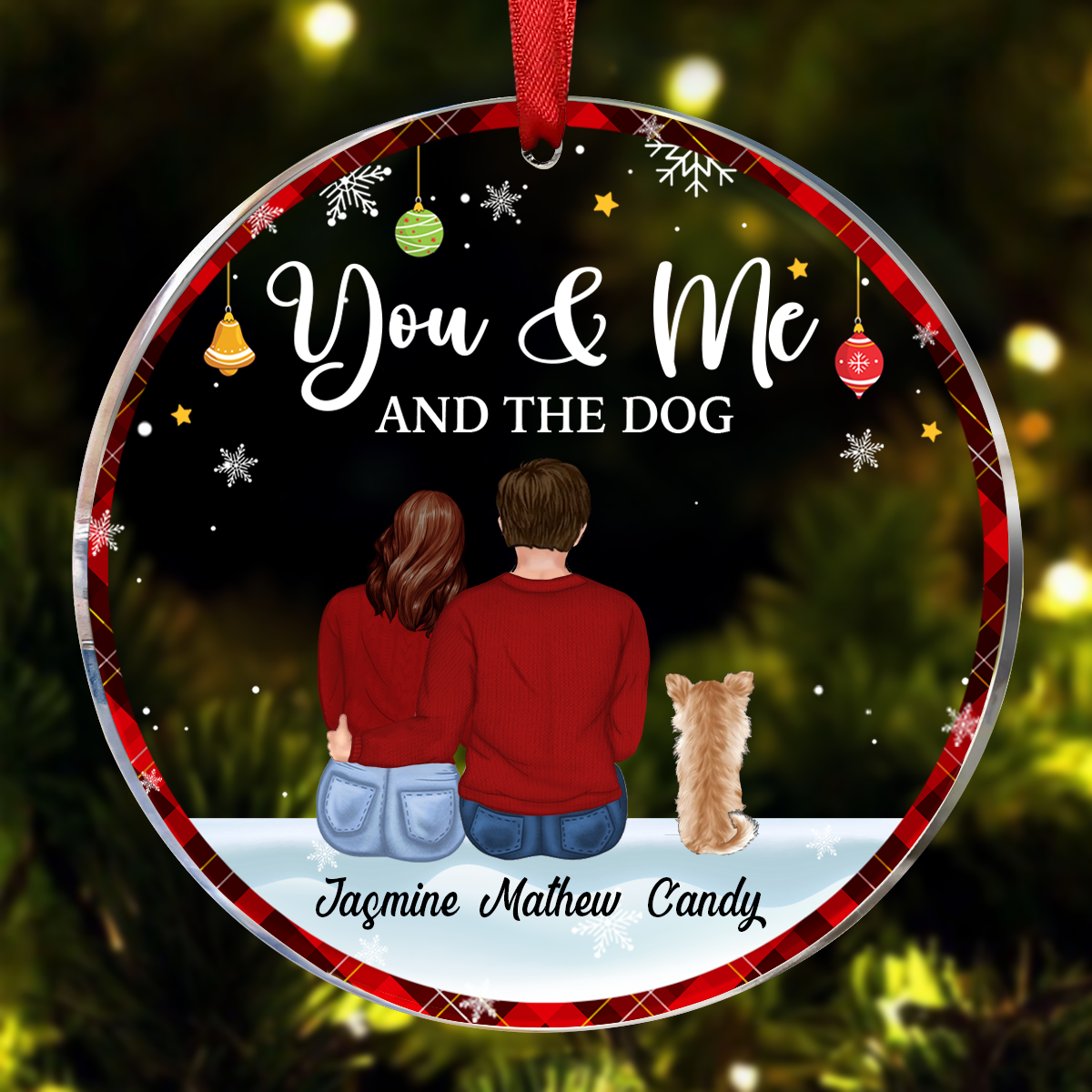 You & Me & The Dog Christmas Couple - Personalized Circle Acrylic Ornament