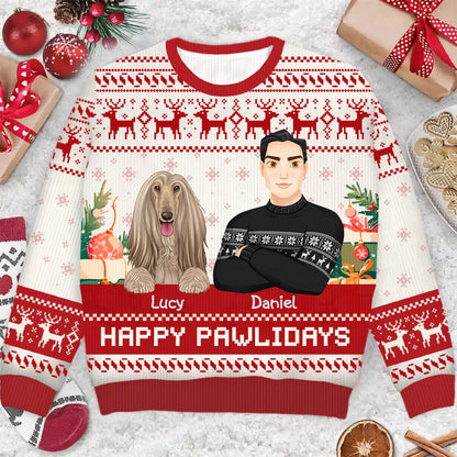 Happy Pawlidays Dog And Cat Lover Flat Art - Personalized Unisex Ugly Sweater