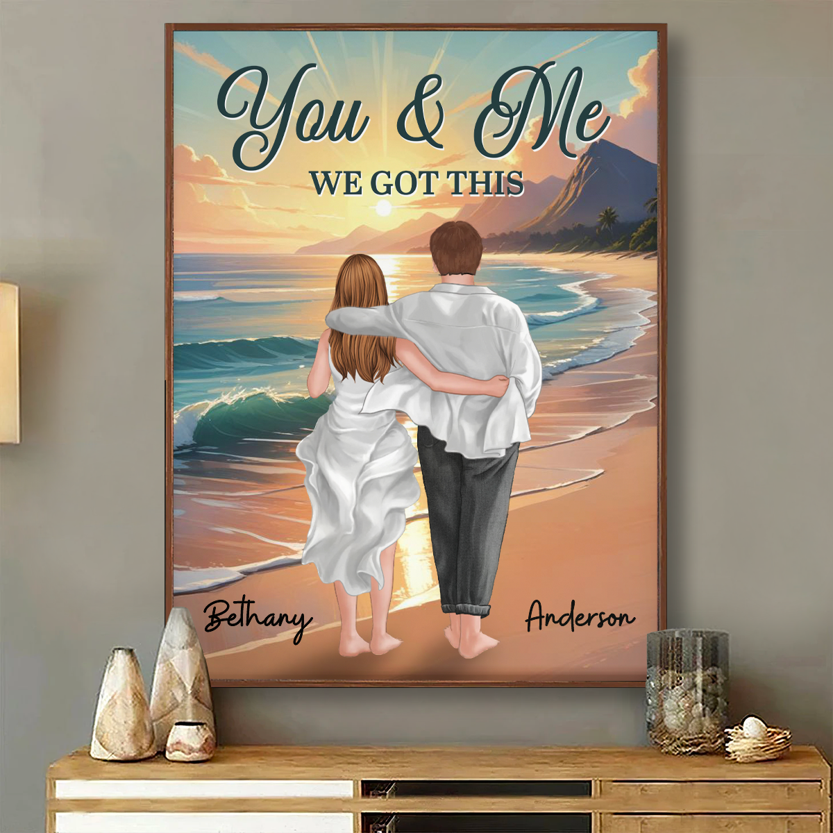 Back View Couple Embracing & Walking On The Beach Personalized Poster, Heartfelt Gift For Couple, For Him, For Her, Boyfriend, Girlfriend, Husband, Wife