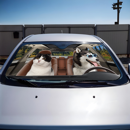 Custom Photo Have Fun Together - Dog & Cat Personalized Custom Auto Windshield Sunshade, Car Window Protector - Gift For Pet Owners, Pet Lovers