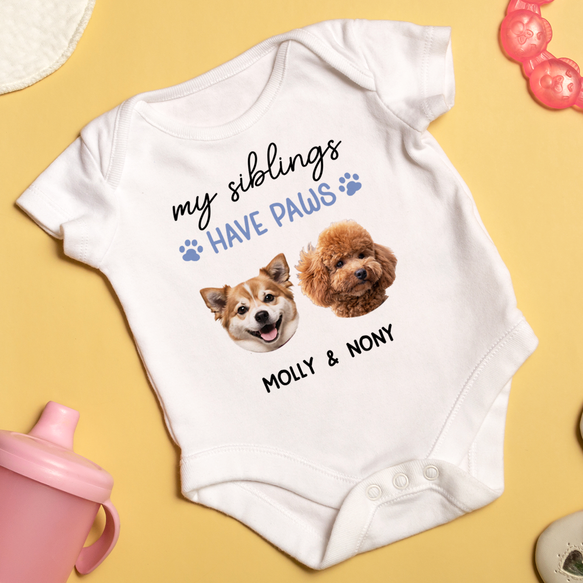 Custom Photo Growing Up With Paws And Little Laughs - Dog & Cat Personalized Custom Baby Onesie - Baby Shower Gift, Gift For Pet Owners, Pet Lovers