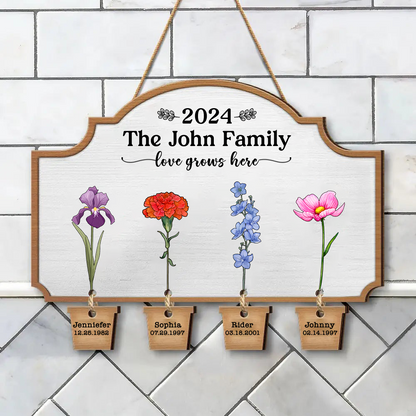 Birth Flower Love Grows Here - Personalized Custom Shaped Wood Sign With Wooden Tags