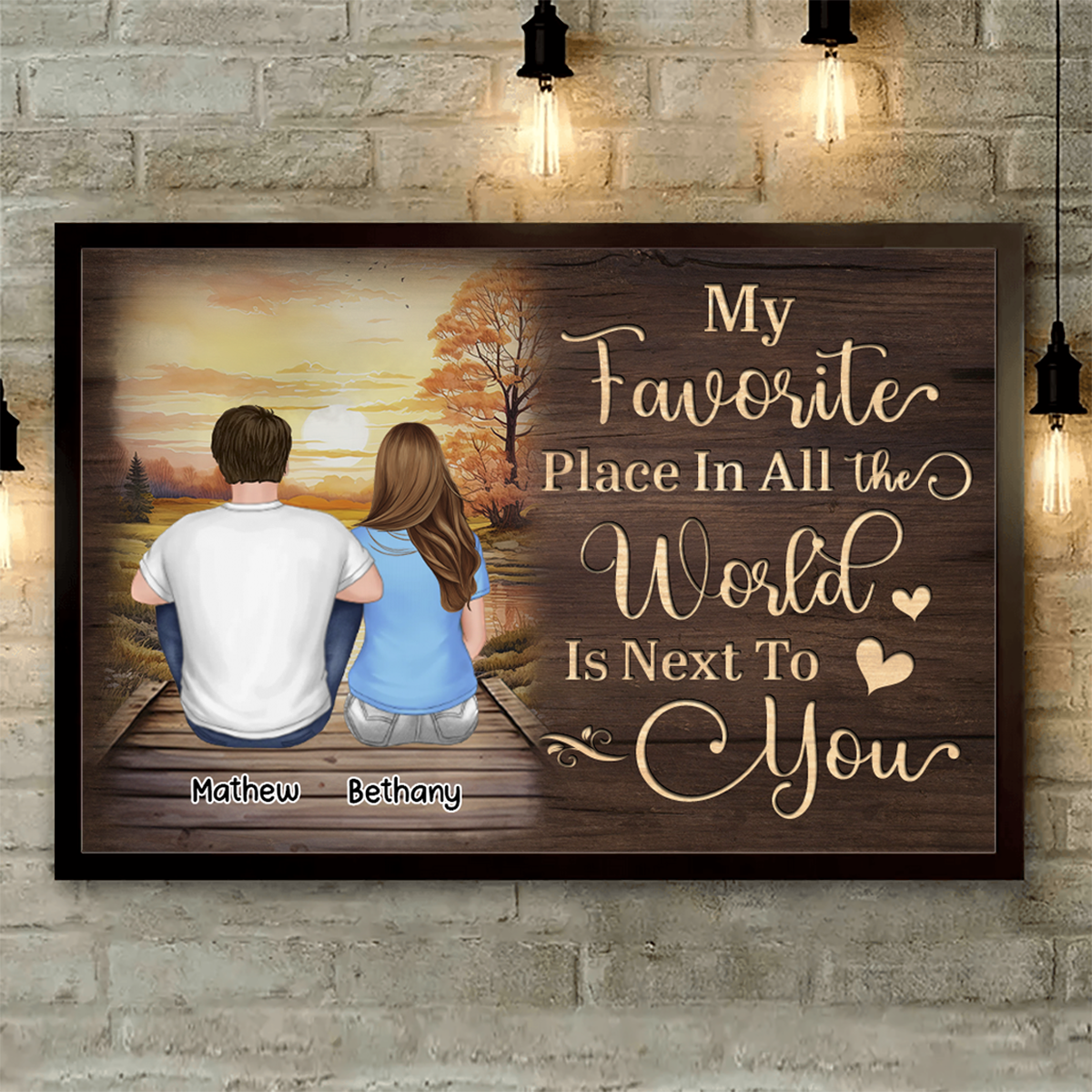 Couple Sitting Back View Wooden Sunset Lake Personalized Horizontal Poster