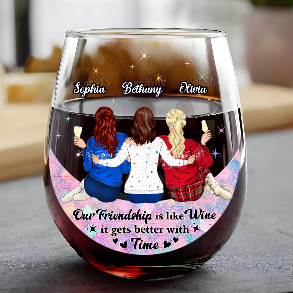 Our Friendship Is Like Wine It Gets Better With Time - Personalized Stemless Wine Glass