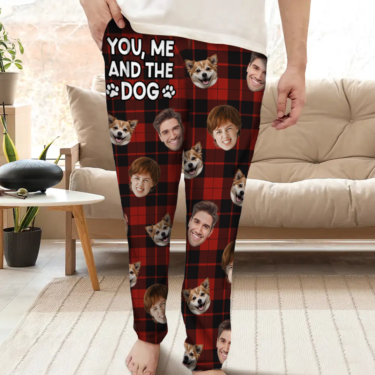 Custom Photo You & Me And The Dog Cat Pet Plaid Pattern - Personalized Pajama Pants