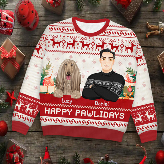 Happy Pawlidays Dog And Cat Lover Flat Art - Personalized Unisex Ugly Sweater