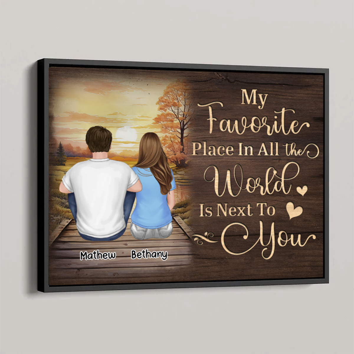 Couple Sitting Back View Wooden Sunset Lake Personalized Horizontal Poster