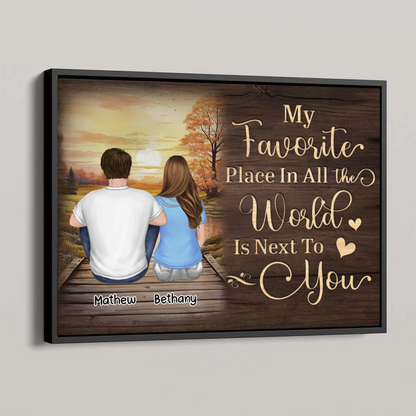 Couple Sitting Back View Wooden Sunset Lake Personalized Horizontal Poster