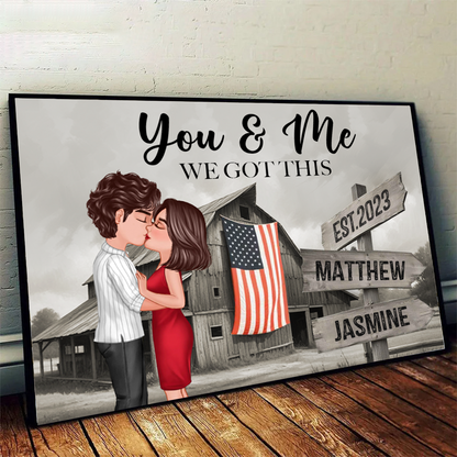 Retro Barn American Flag Thin Blue Line Hero Couple Personalized Poster, Anniversary Valentine's Day Gift For Him, Her, Husband, Wife, Proud Occupation