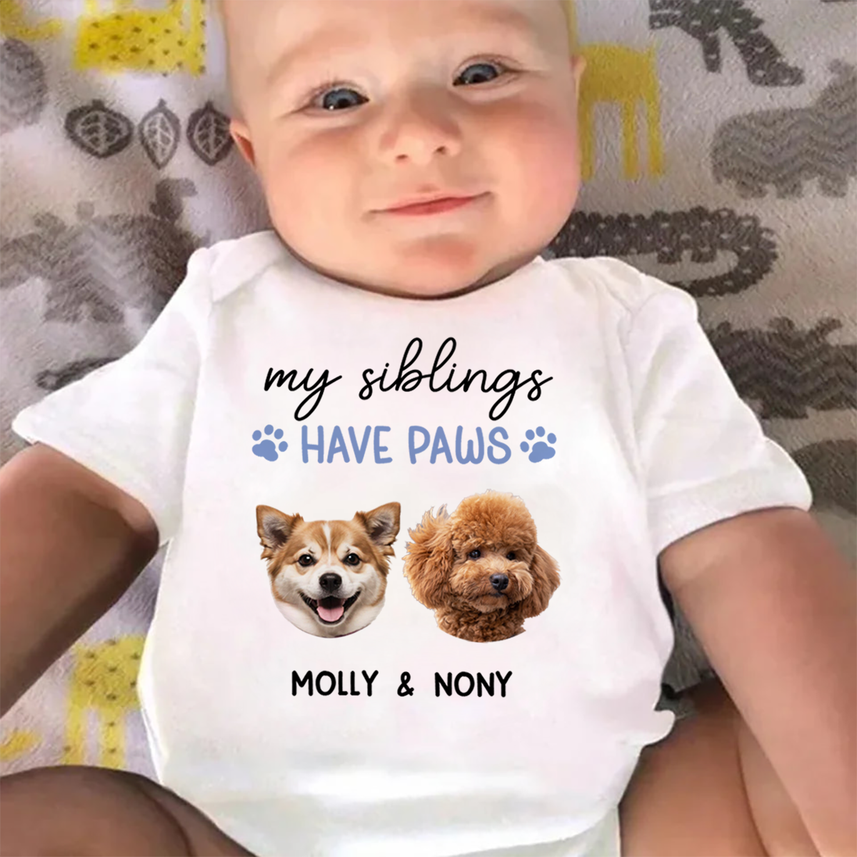 Custom Photo Growing Up With Paws And Little Laughs - Dog & Cat Personalized Custom Baby Onesie - Baby Shower Gift, Gift For Pet Owners, Pet Lovers