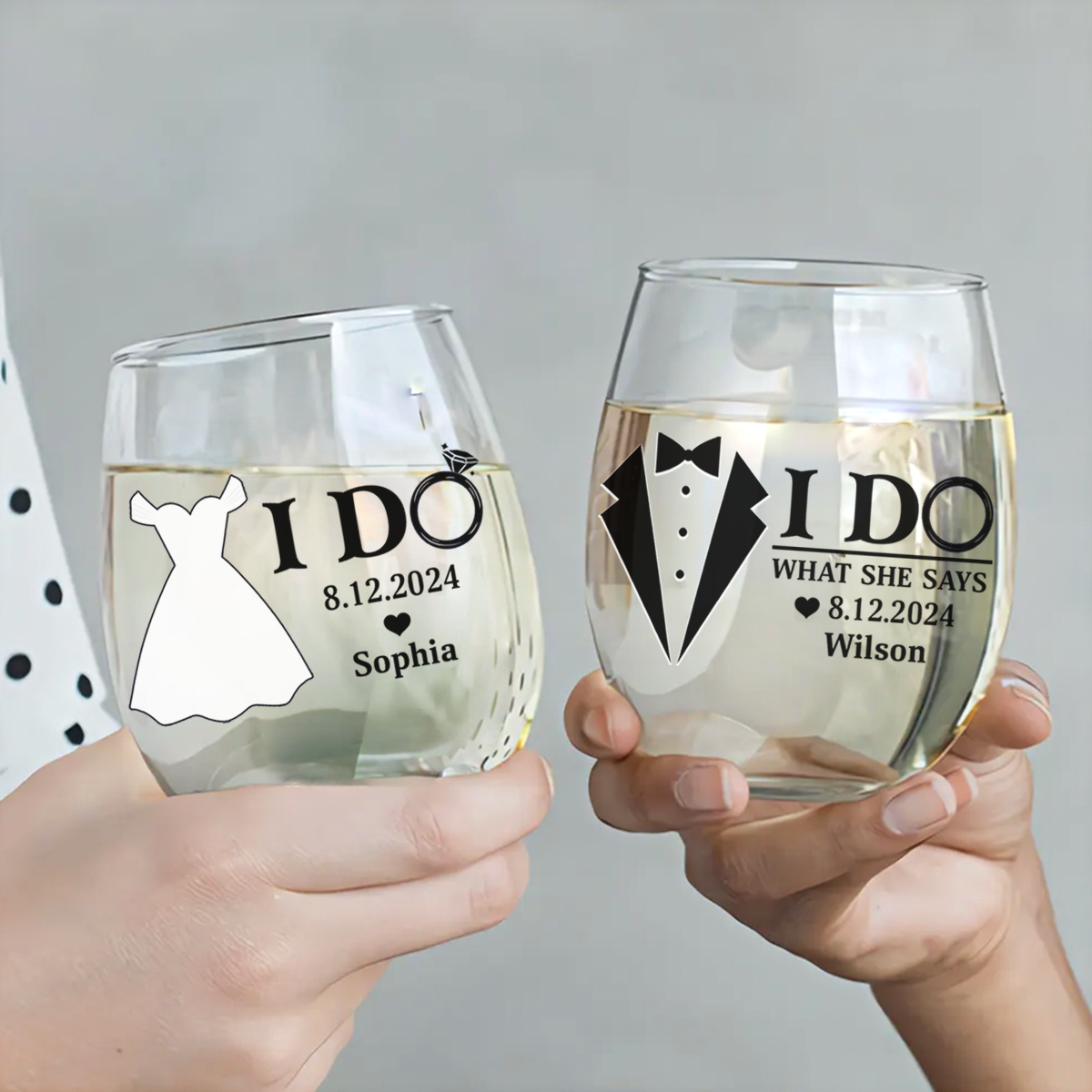 Couple I Do & I Do What She Says Married - Personalized Stemless Wine Glass