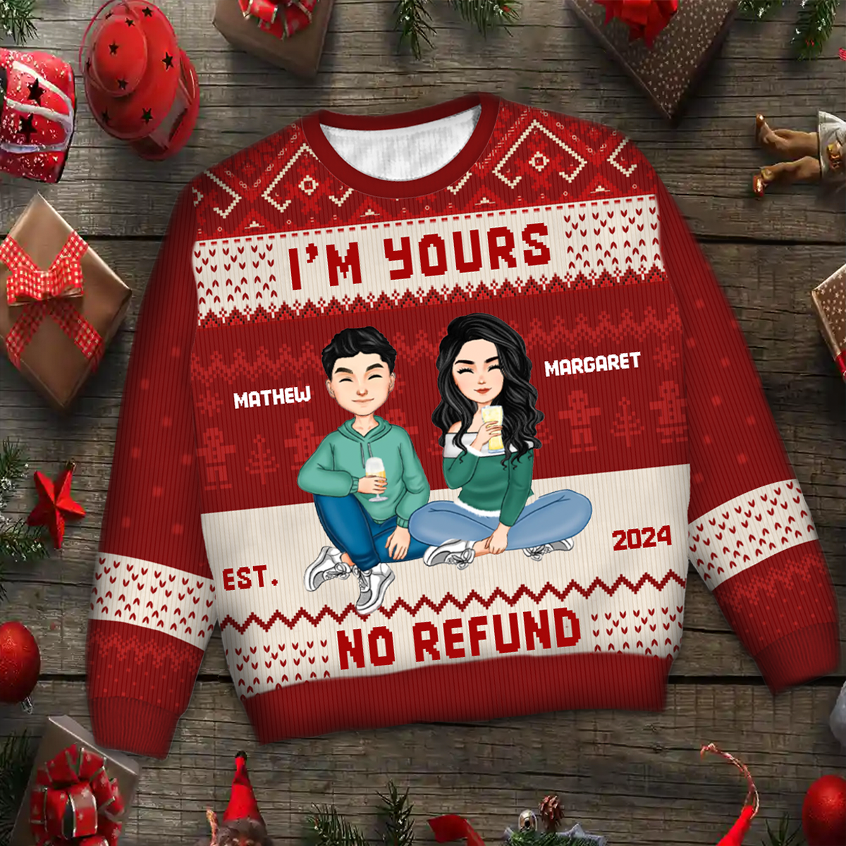 Christmas Couples I'm Yours No Refund - Gift For Couples - Personalized Unisex Ugly Sweater