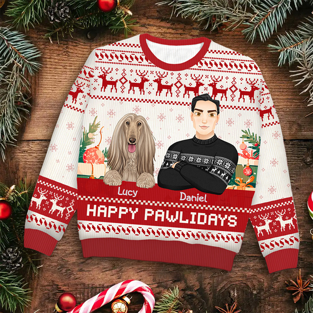 Happy Pawlidays Dog And Cat Lover Flat Art - Personalized Unisex Ugly Sweater