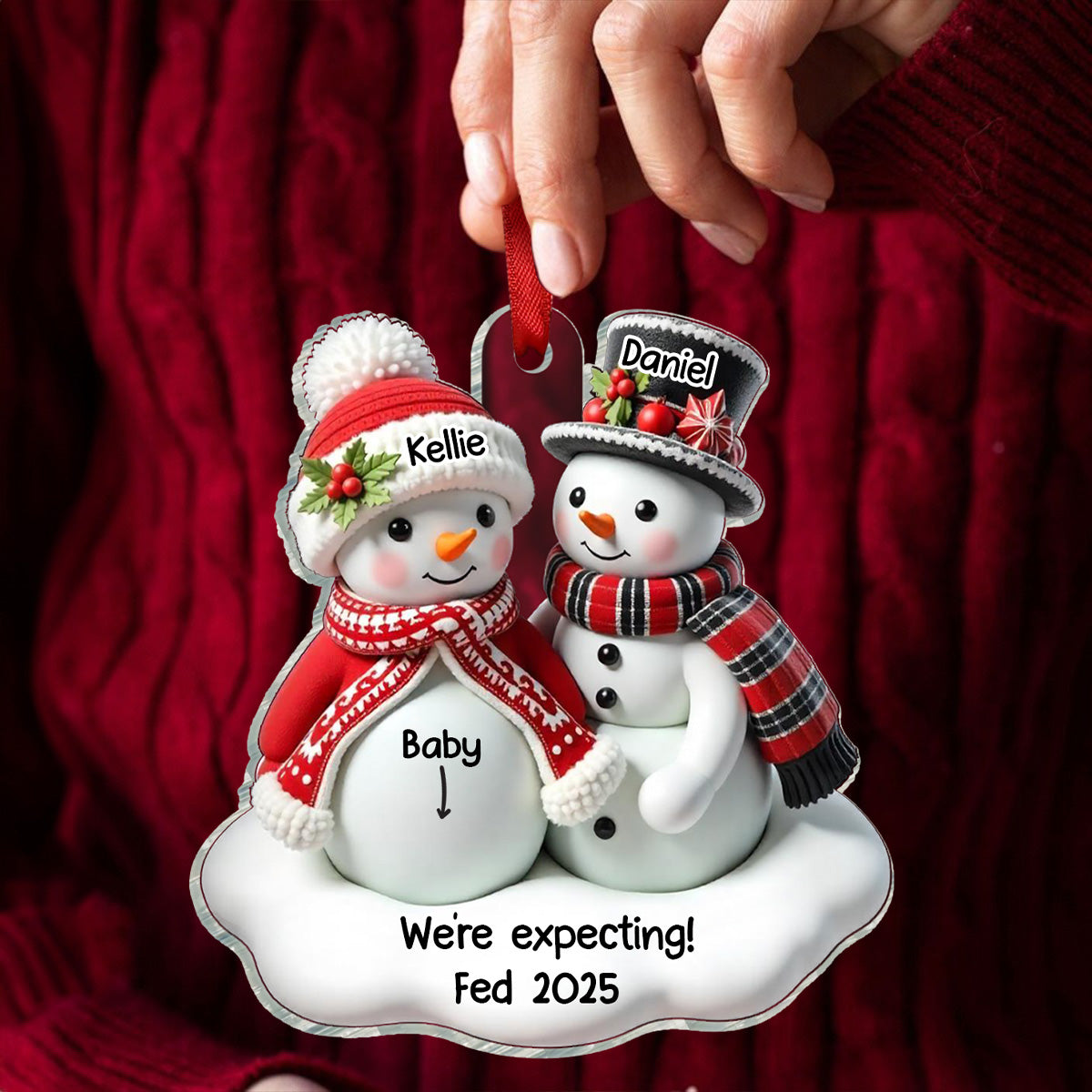 Snowman Couple Expecting Parents Pregnancy Announcement 3D Effect Keepsake Personalized Acrylic Ornament