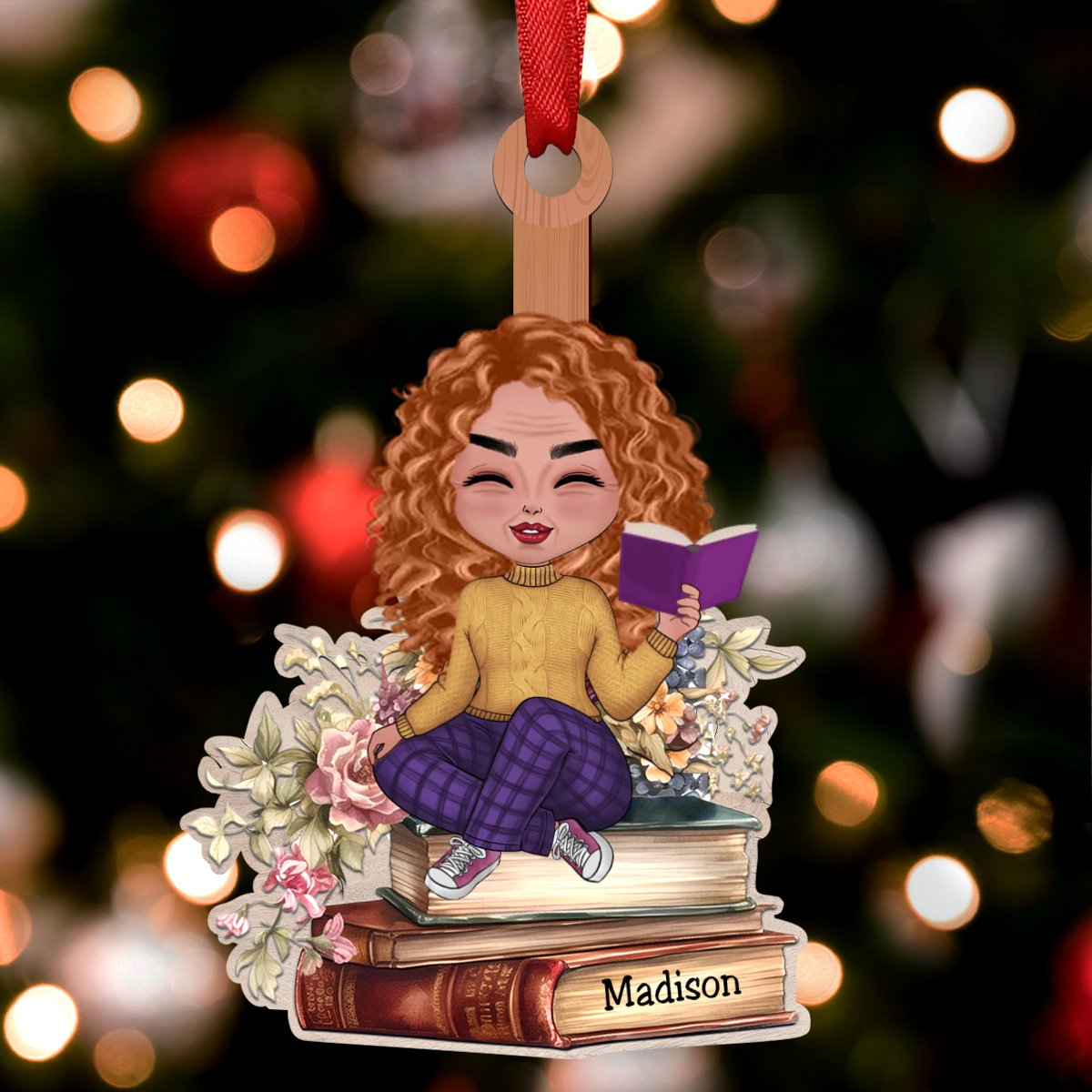 Book Lovers - Reading Girls Sitting On Books - Personalized Acrylic Ornament - Makezbright Gifts