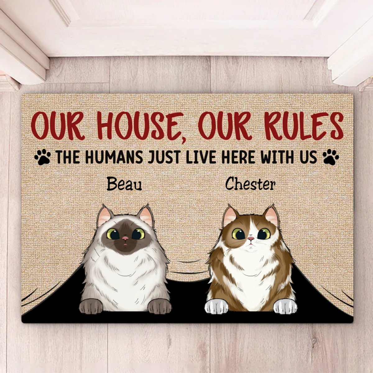 Cat Lovers - Our House Our Rules The Human Just Lives Here With Us - Personalized Doormat - Makezbright Gifts