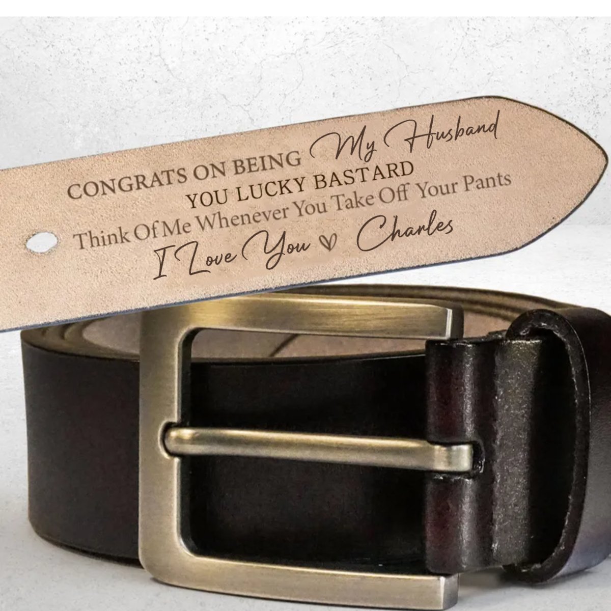 Couple - Congrats On Being My Husband You Lucky Bastard - Personalized Engraved Leather Belt (HJ) - Makezbright Gifts