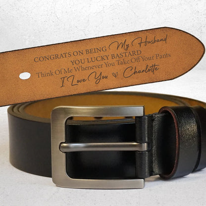 Couple - Congrats On Being My Husband You Lucky Bastard - Personalized Engraved Leather Belt (HJ) - Makezbright Gifts