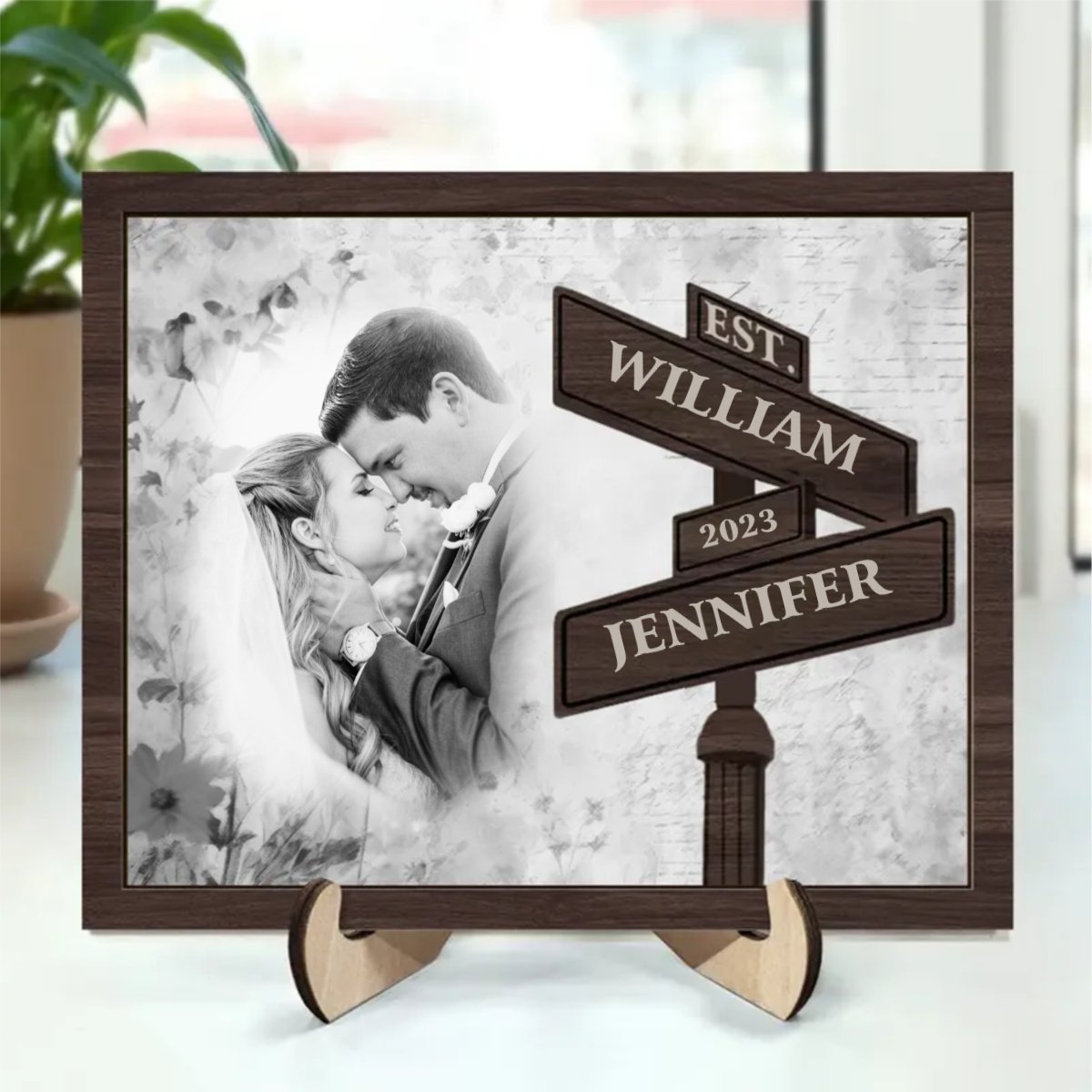 Couple - Custom Photo First Anniversary - Personalized 2 - Layered Wooden Plaque With Stand - Makezbright Gifts