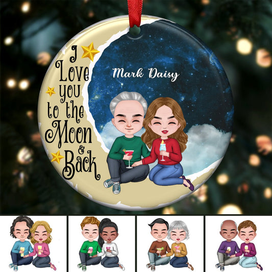 Couple - I Love You To The Moon And Back V2 - Personalized Circle Ornament - Makezbright Gifts