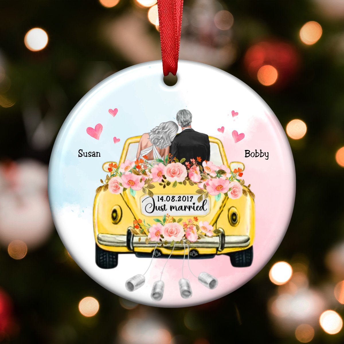 Couple - Just Married Wedding Car - Personalized Circle Ornament - Makezbright Gifts