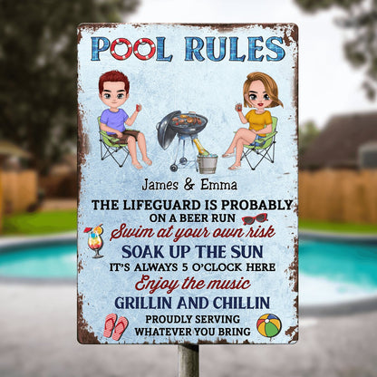 Couple - Pool Rules The LifeGuard Is Probably On A Beer Run - Personalized Metal Sign - Makezbright Gifts