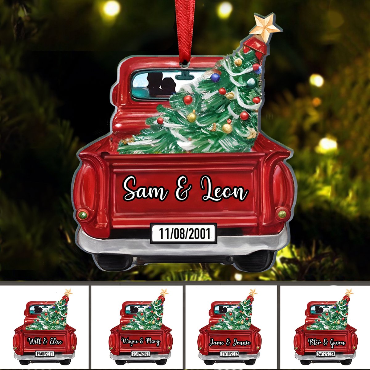 Couples - Christmas Tree Couple Custom Names and Date - Personalized Truck Ornament - Makezbright Gifts