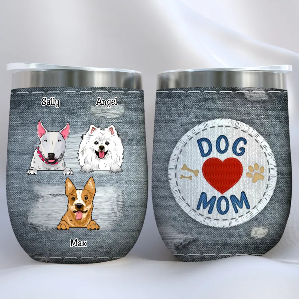 Dog Lovers - Dog Mom Jeans Texture - Personalized Wine Tumbler (VT) - Makezbright Gifts