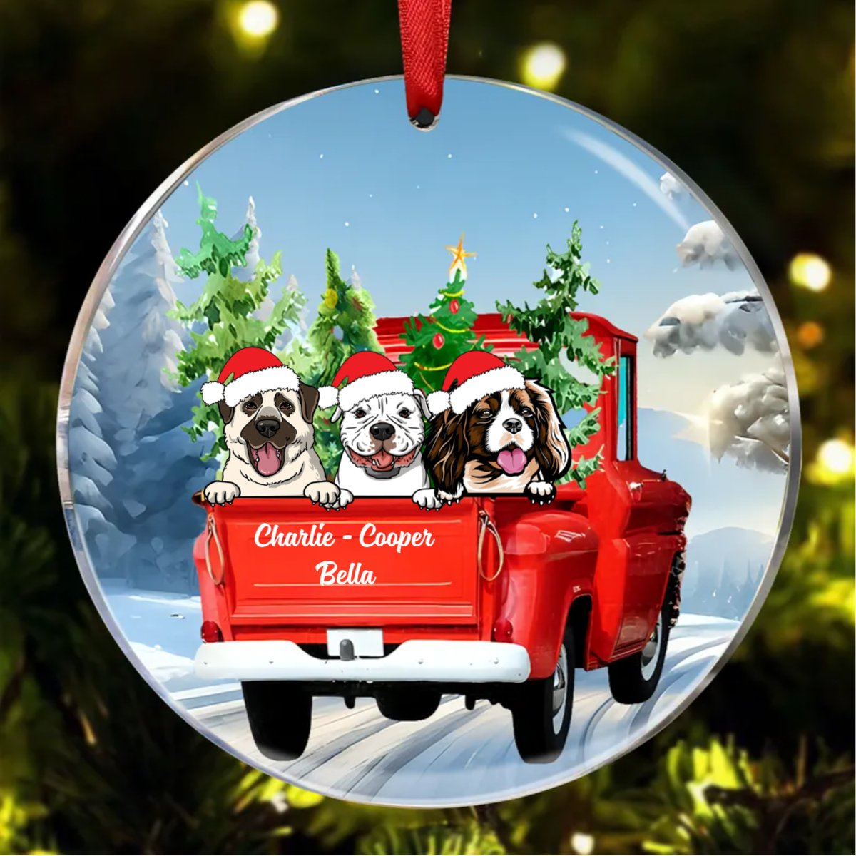 Dog Lovers - Dog Red Truck Christmas - Personalized Circle Ornament - Makezbright Gifts