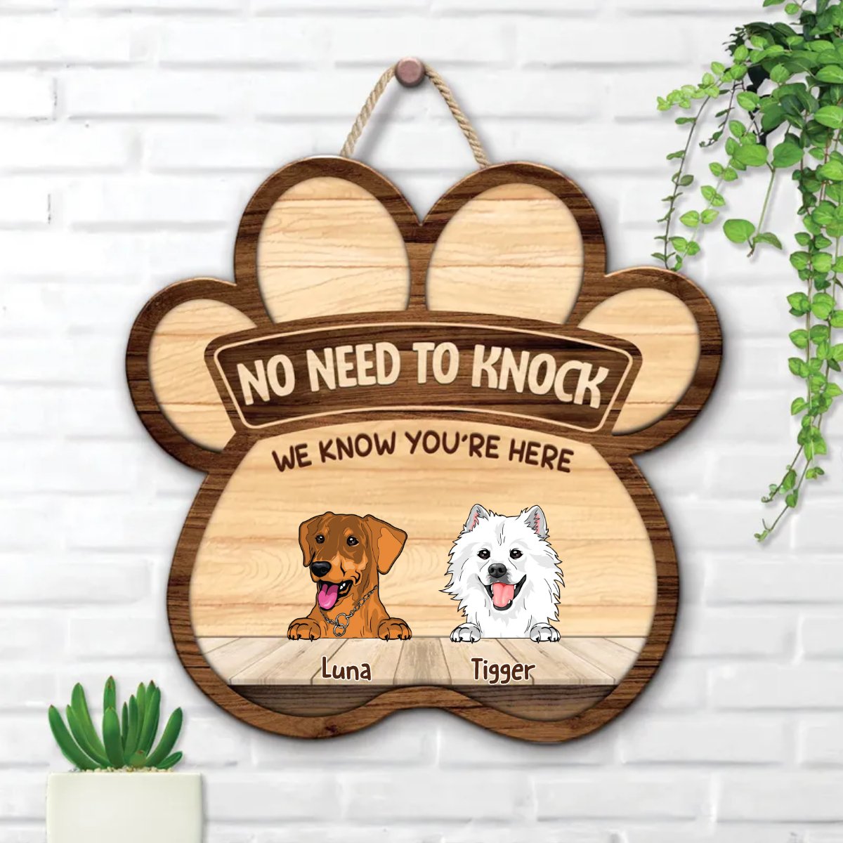 Dog Lovers - No Need To Knock, We Know You're Here - Personalized Wood Sign - Makezbright Gifts