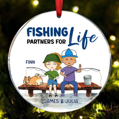 Fishing Partners Chibi Couple and Dog Personalized Circle Ornament