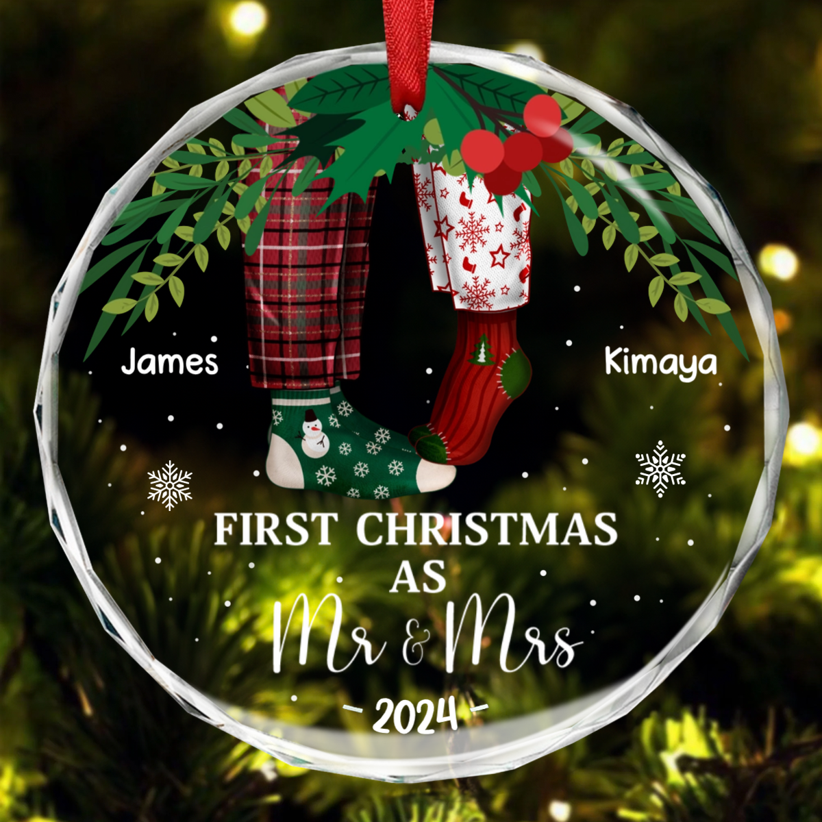 First Christmas As Mr & Mrs Christmas Socks Couple - Personalized Circle Acrylic Ornament