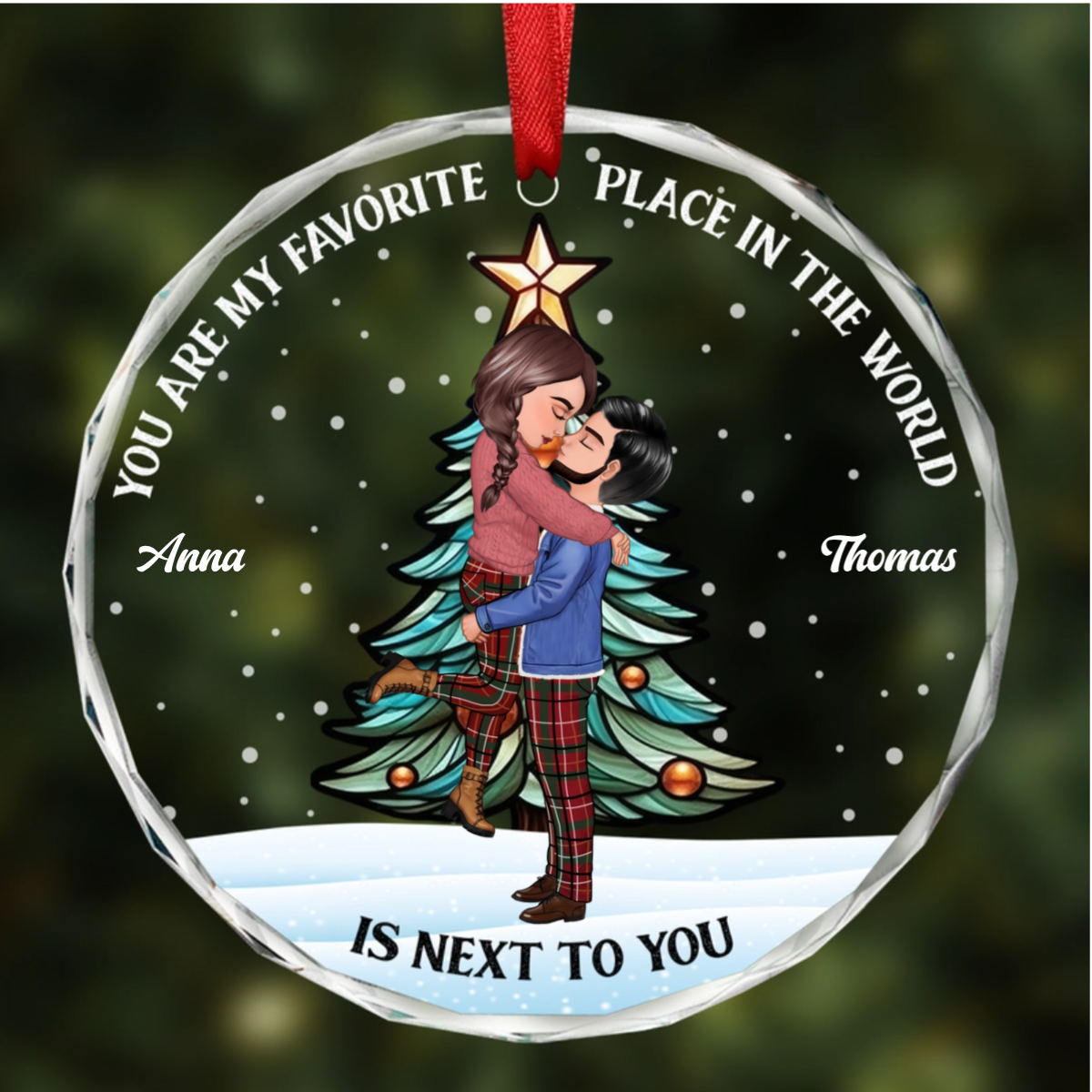 Christmas Couple Kissing My Favorite Place In All The World - Personalized Circle Ornament