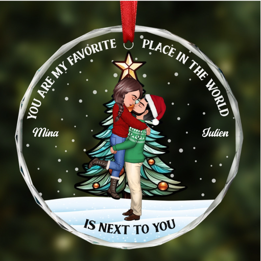 Christmas Couple Kissing My Favorite Place In All The World - Personalized Circle Ornament