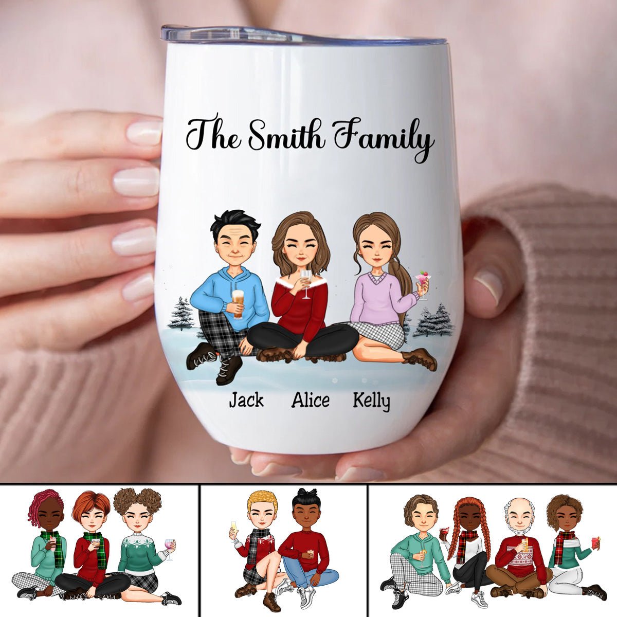 Family - Family Snow Background Ver 3 - Personalized Wine Tumbler - Makezbright Gifts