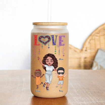 Family - Love Happy Doll Grandma Mom With Kids - Personalized Glass Can - Makezbright Gifts