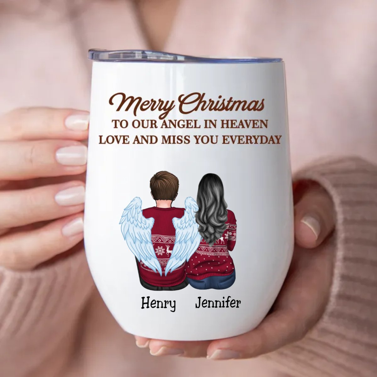 Family - Merry Christmas To Our Angel In Heaven Love And Miss You Everyday - Personalized Wine Tumbler (VT) - Makezbright Gifts