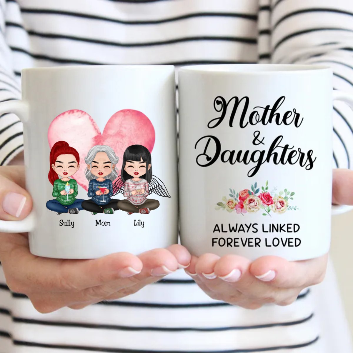 Family - Mother and Daughters Always Linked Forever Loved - Personalized Mug (LL) - Makezbright Gifts