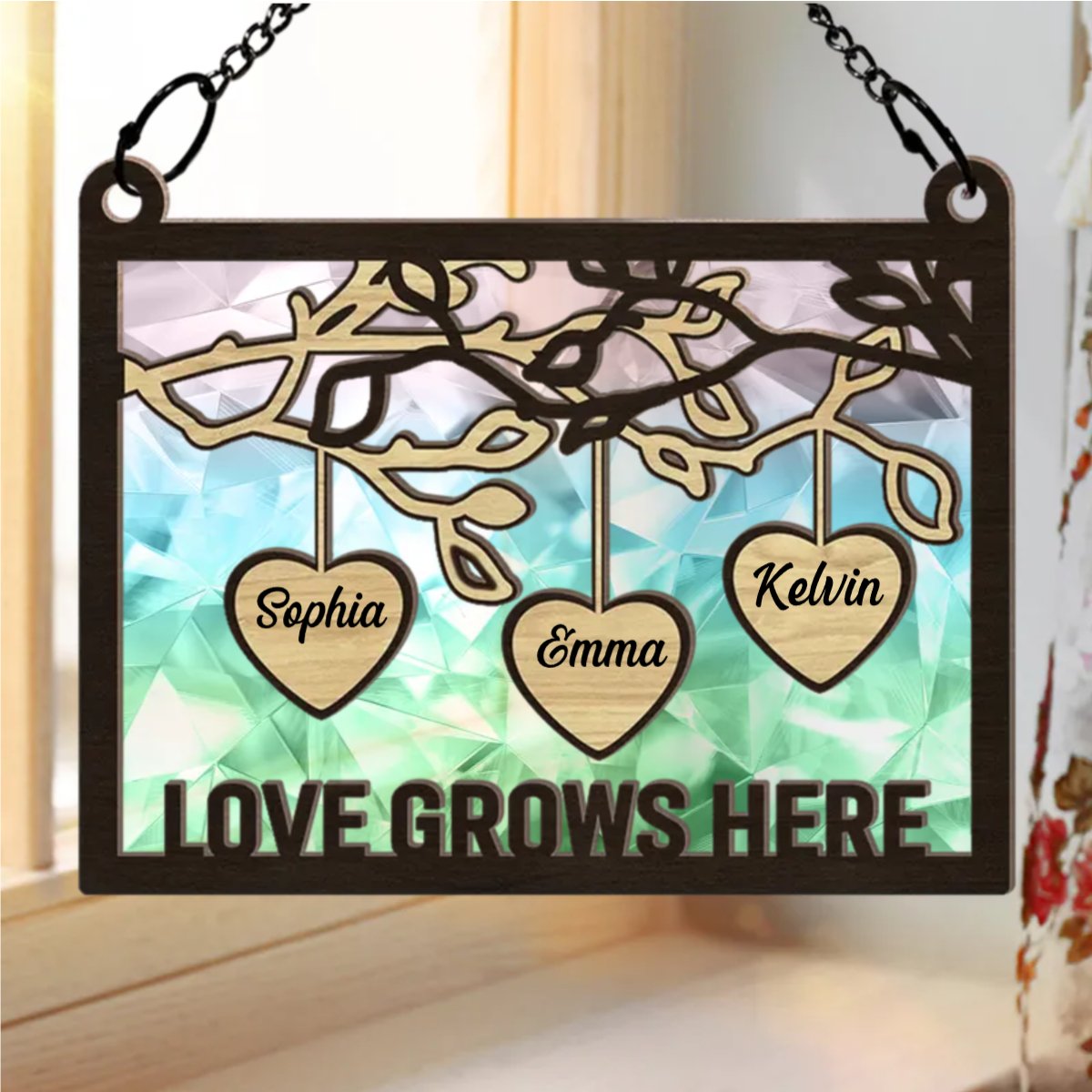 Family - Tree Wood Love Grows Here - Personalized Window Hanging Suncatcher Ornament - Makezbright Gifts