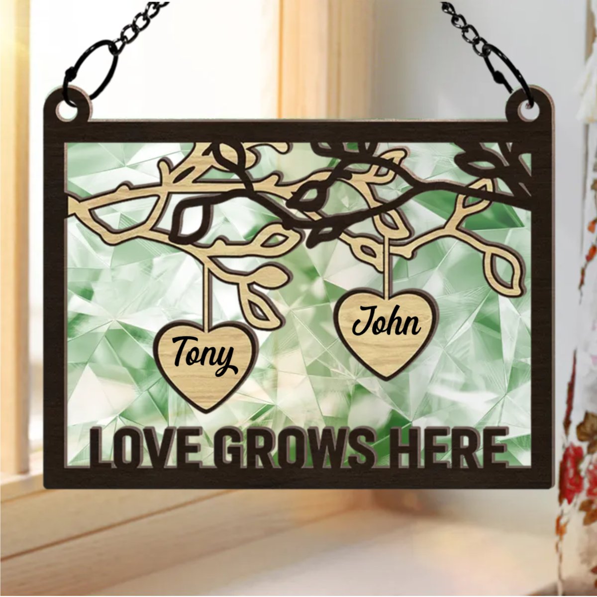 Family - Tree Wood Love Grows Here - Personalized Window Hanging Suncatcher Ornament - Makezbright Gifts