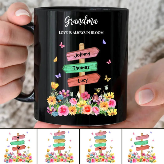 Grandma - Grandma Mom's Garden Butterflies, Where Love Grows - Personalized Black Mug - Makezbright Gifts