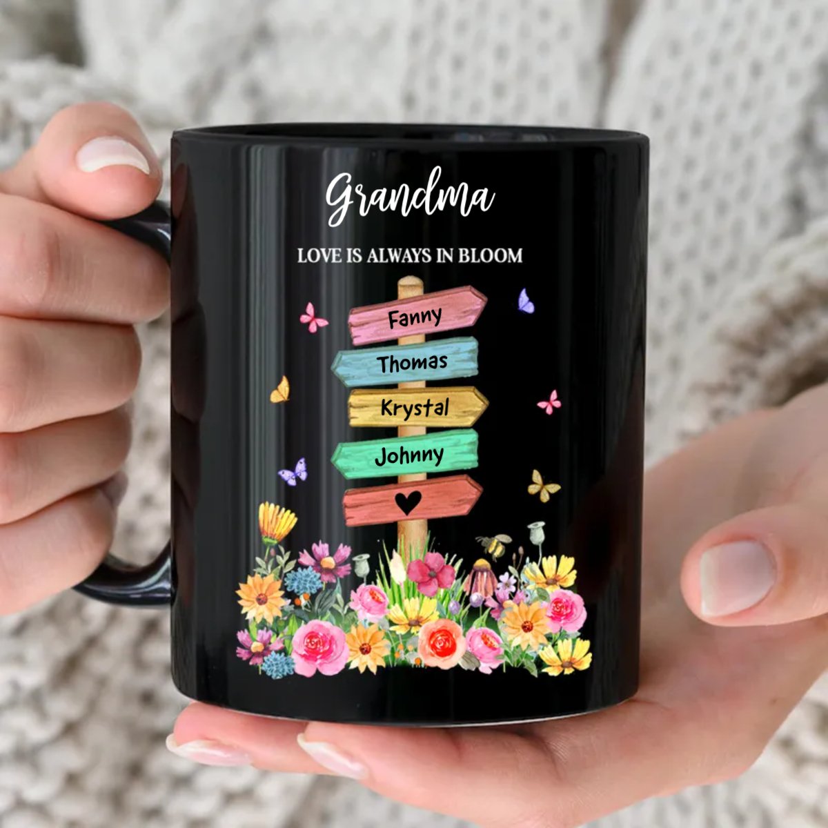 Grandma - Grandma Mom's Garden Butterflies, Where Love Grows - Personalized Black Mug - Makezbright Gifts