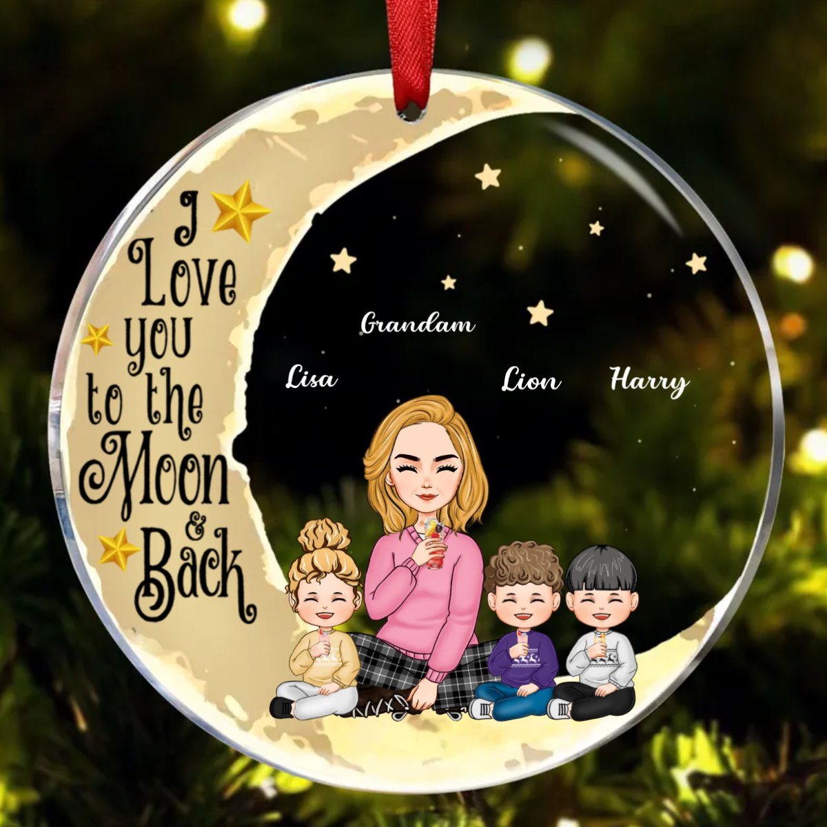 Grandma - I Love You To The Moon And Back - Personalized Circle Ornament - Makezbright Gifts