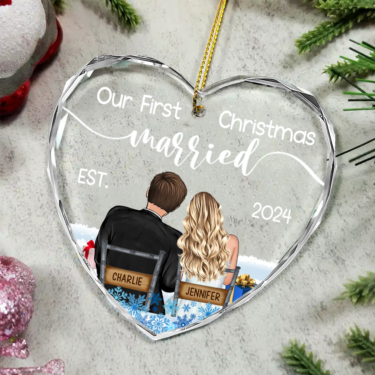 Our First Christmas Married Couples - Personalized Heart Shaped Acrylic Ornament