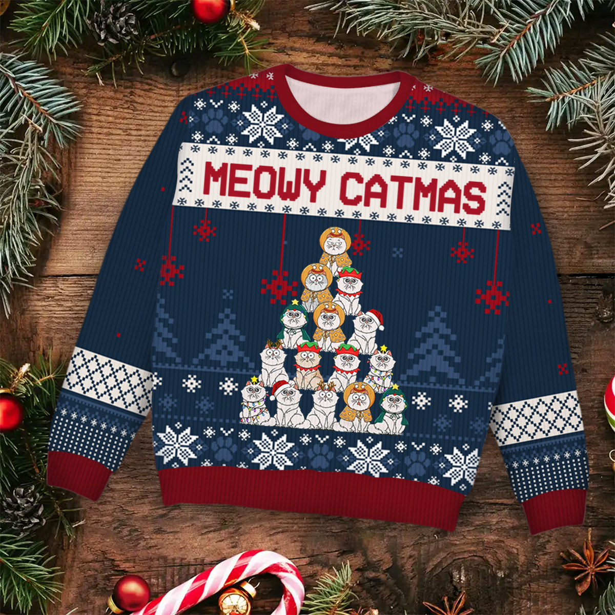 Meowy Catmas Christmas Tree Cartoon Style - Gift For Cat Lovers - Personalized Unisex Ugly Sweater