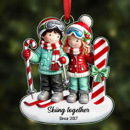 Personalized Ski Couple Christmas Acrylic Flat Ornament, Ski Resort Vacation, Adventurer, Winter Sports, Skiing Custom Xmas Gift